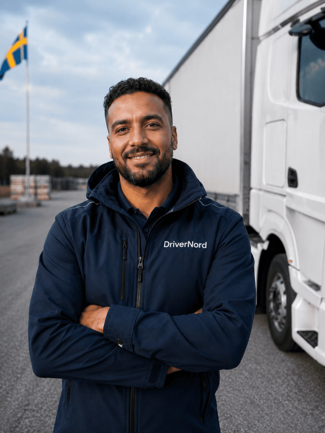 Yrkesförare i DriverNord-kläder vid lastbil i svensk logistikmiljö